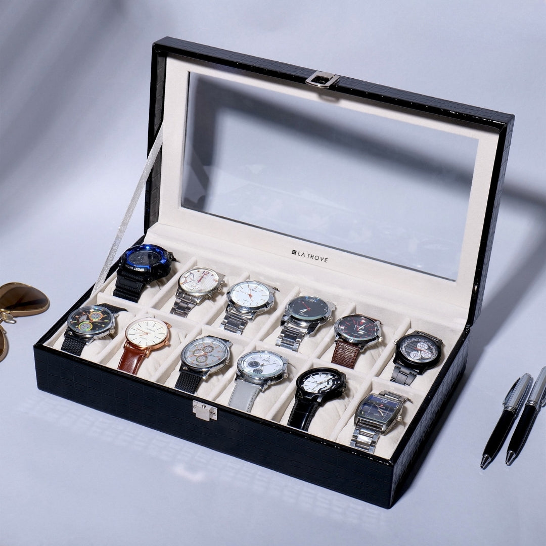 12 Slot Black Leather Watch Organizer Box with Glass Top by La Trove.