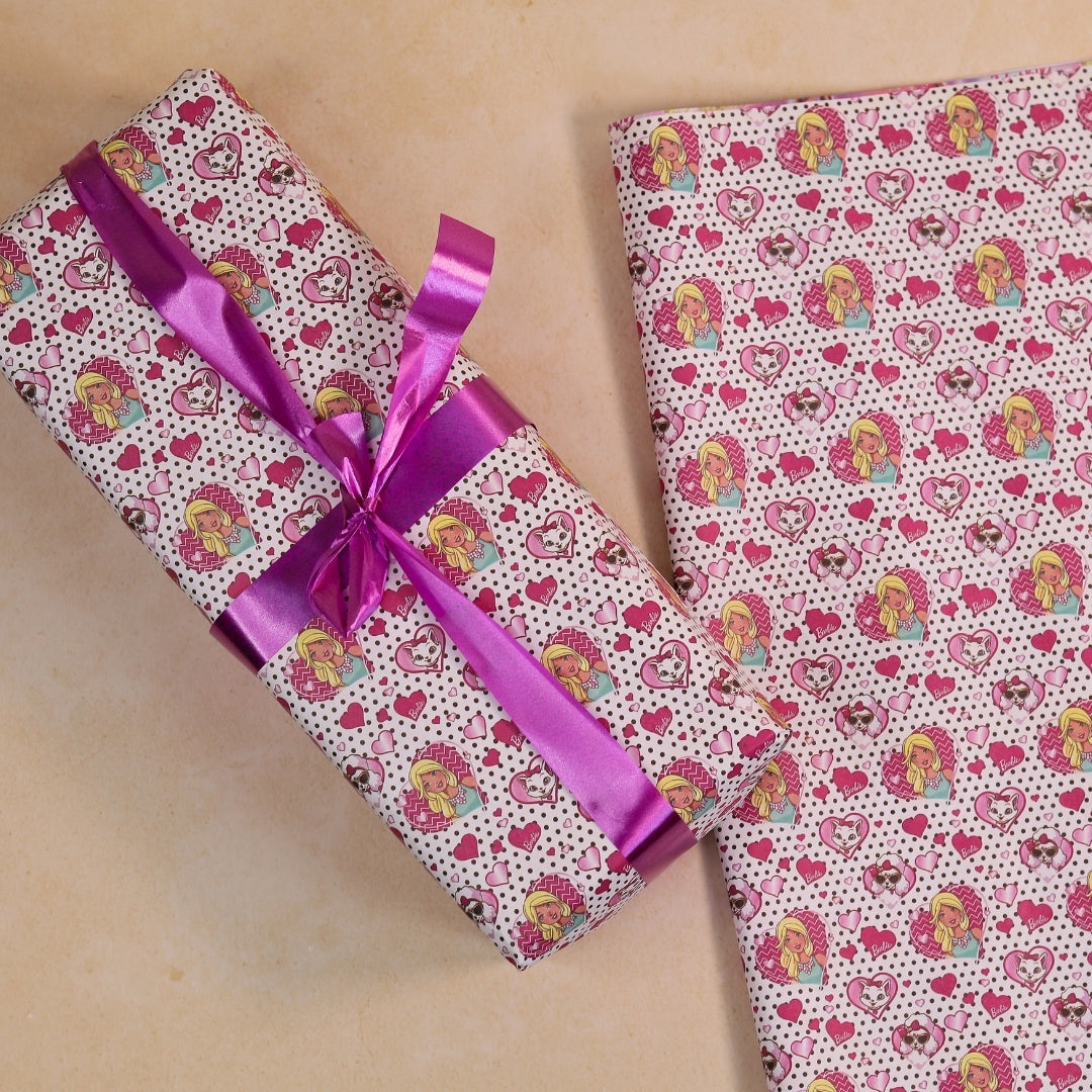 Barbie hearts print wrap for gifts.