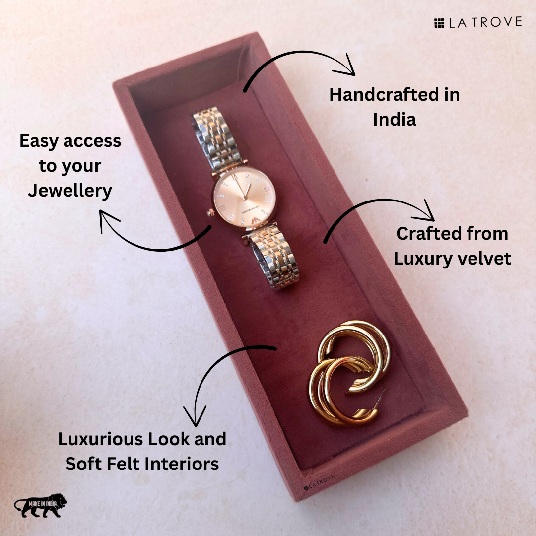 Dark pink plain jewellery organiser tray with minimal velvet finish.