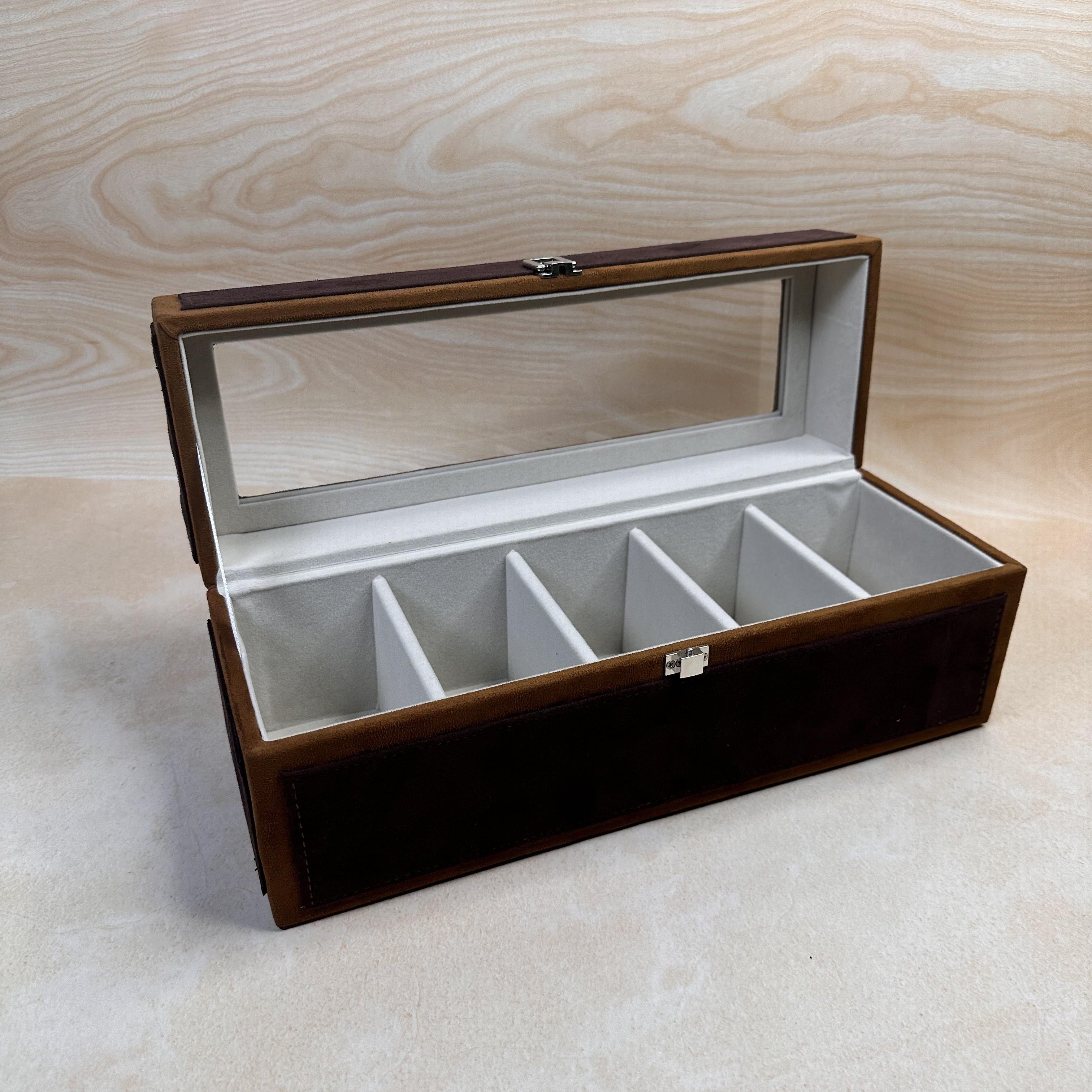 Brown belt organizer box with dual-color glass top – 5 slot storage by Latrove.