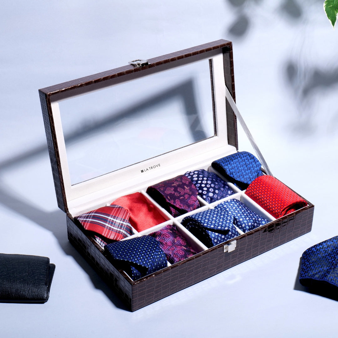 10 Slot Tie Pocket Square Box With Glass Top