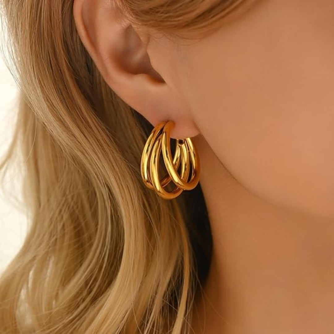 Stylish gold hoop earrings for women – three-layered design.