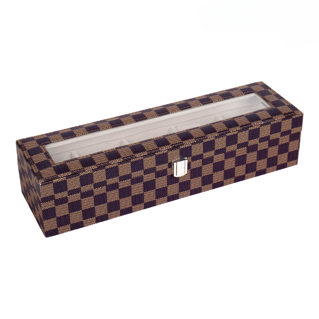 5 Slot Brown Check Pattern Watch Organizer Box with Glass Top by La Trove.