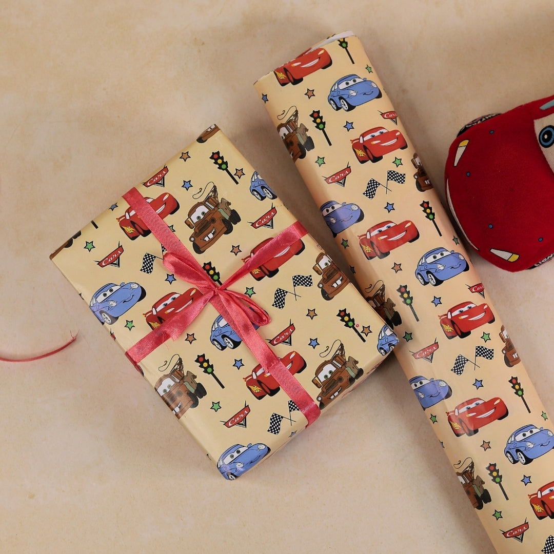Disney Cars themed gift wrapping paper sheets with Lightning McQueen design.