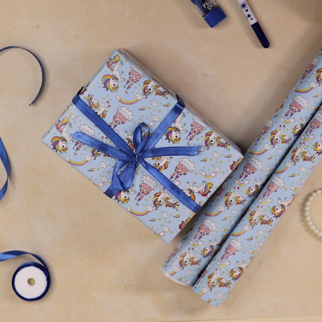 Unicorn packing paper sheet with pastel unicorn design.