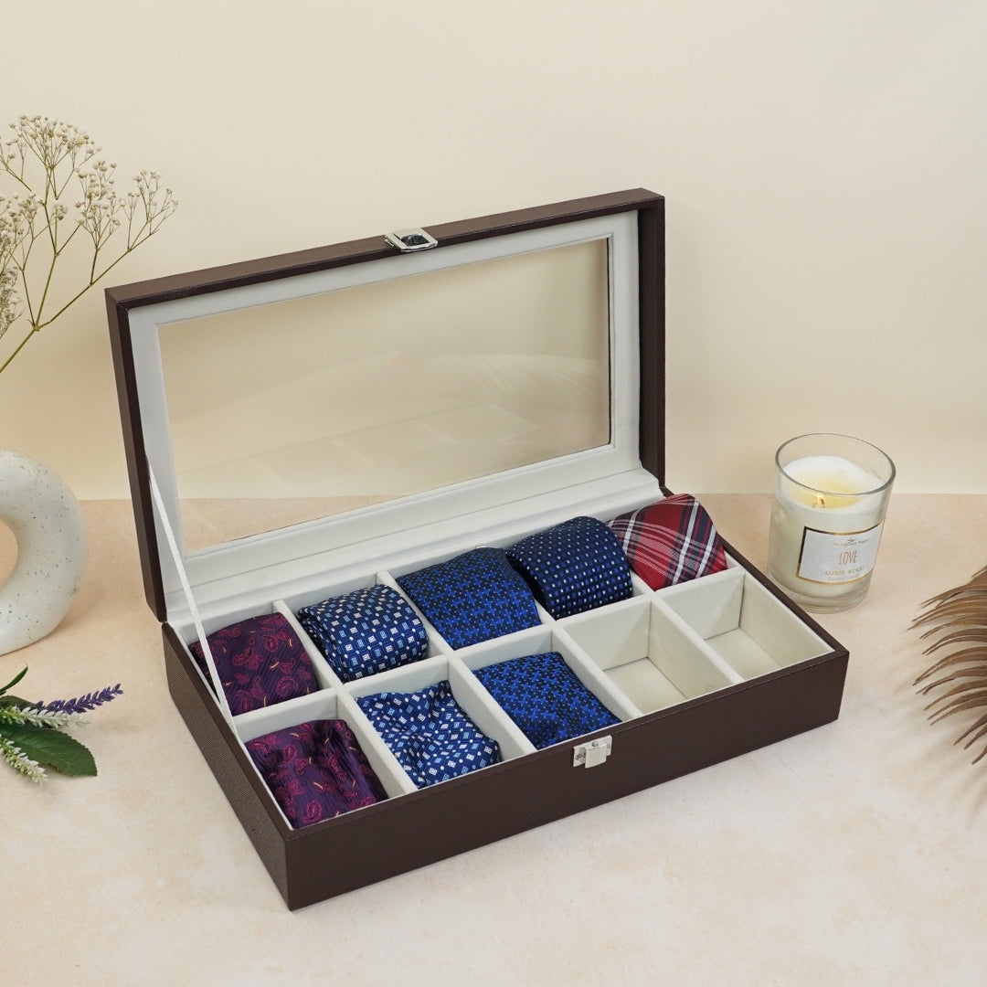 TBT Tie Box with Glass Top – Brown Luxury Tie Organiser