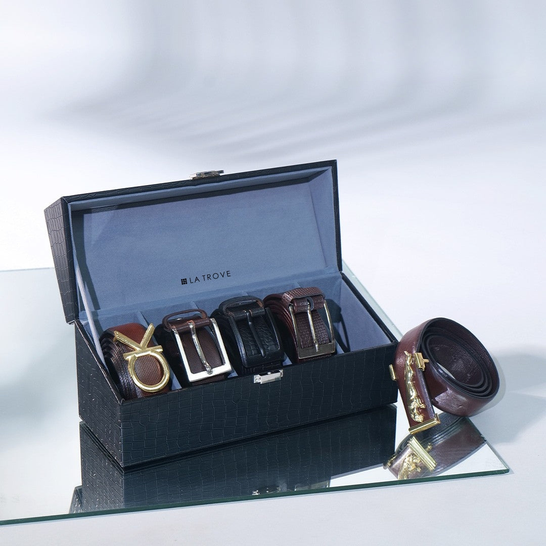 Black leather 5 slot belt box organizer with soft velvet interior.