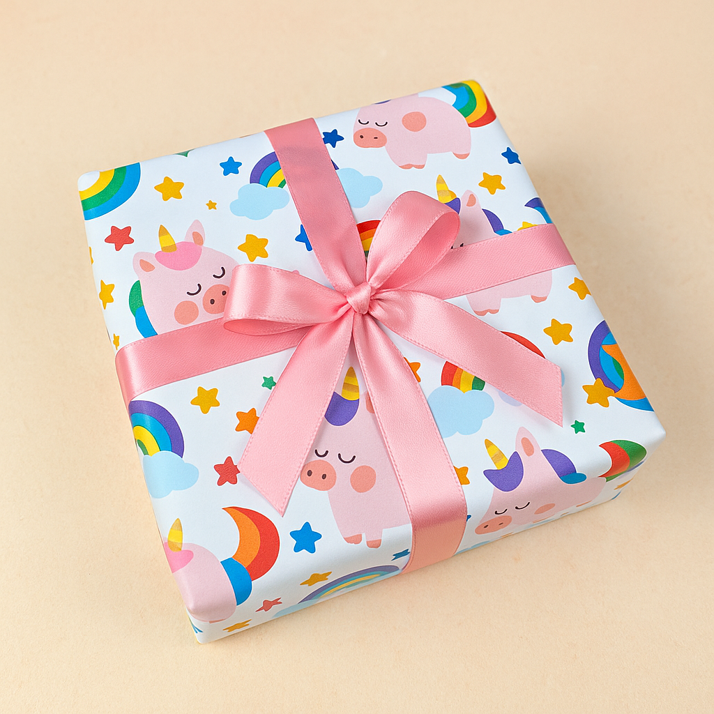 Unicorn packing paper roll with colorful unicorn print.