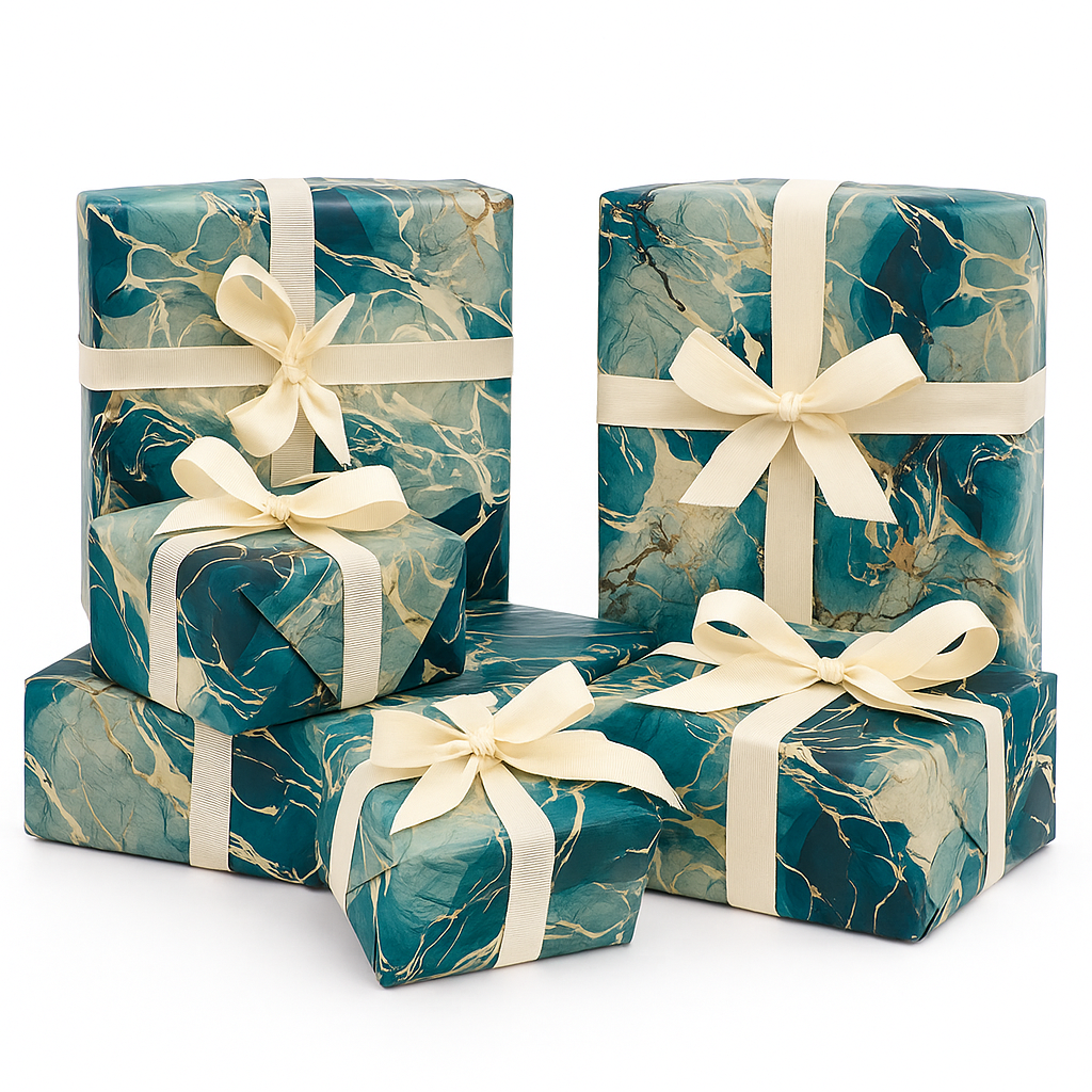 Designer gift wrapping paper in green marble print by La Trove.