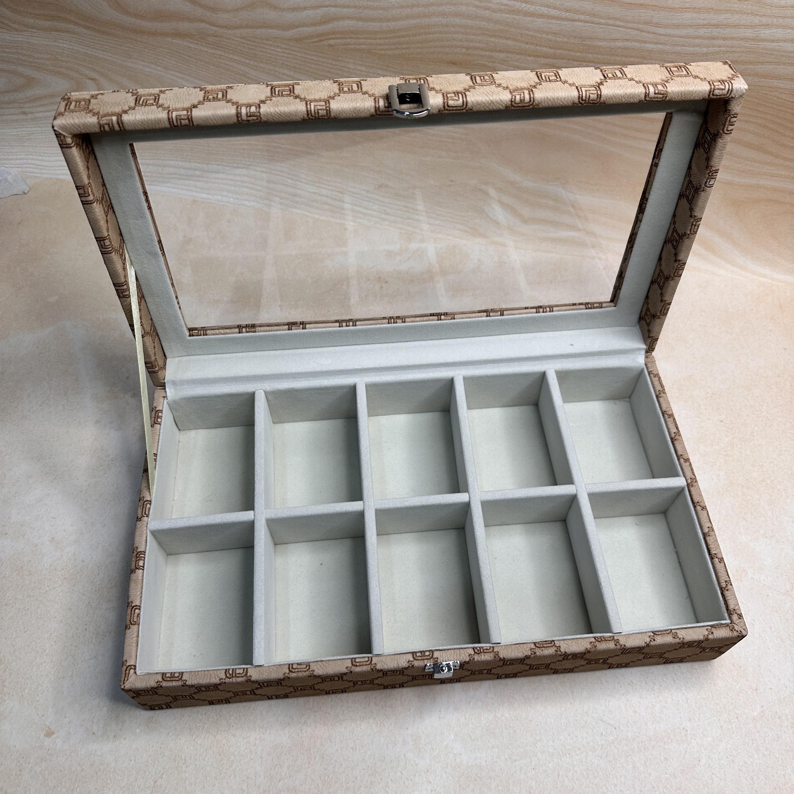 Cream tie and pocket square organiser box with glass top – 10 slot storage by Latrove.