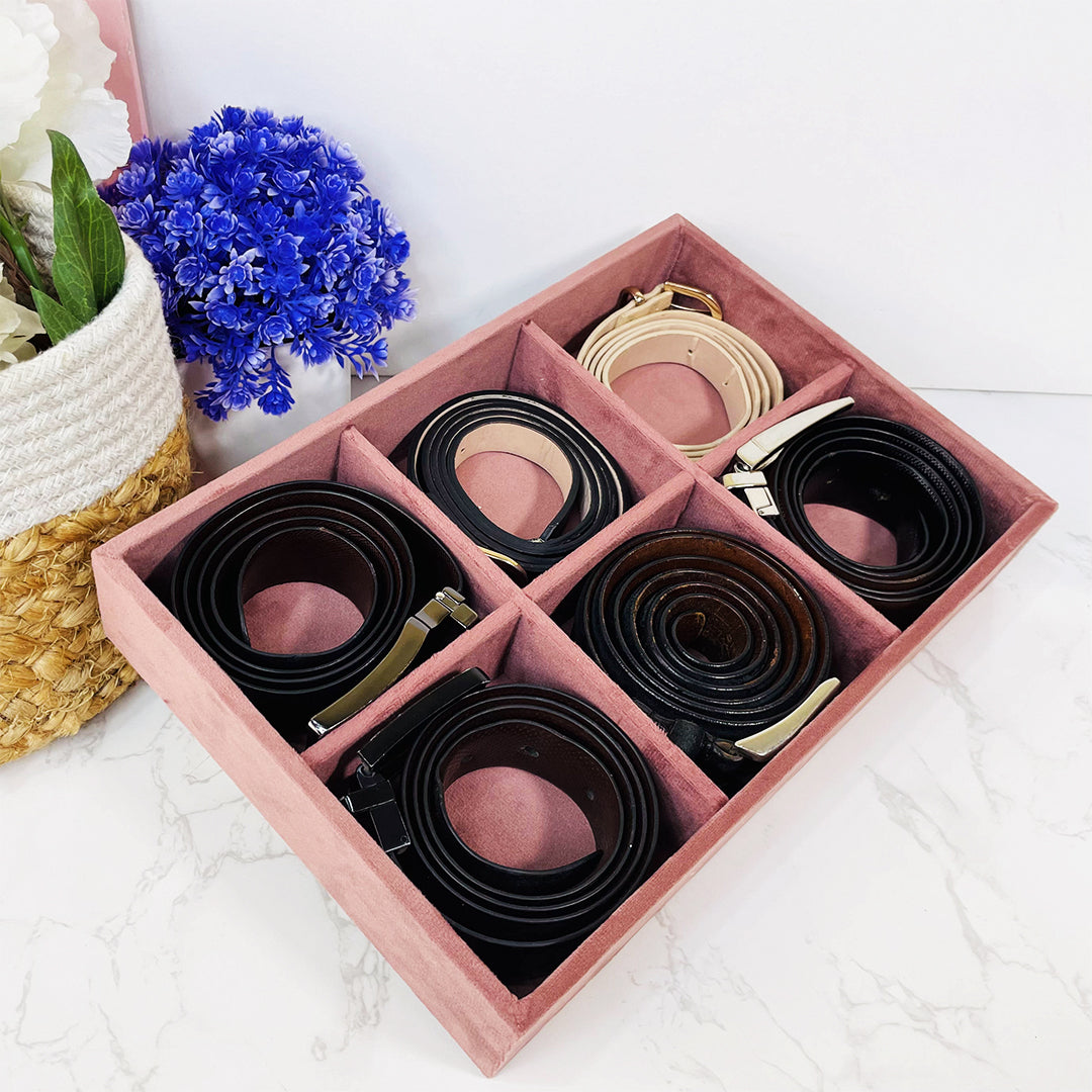 Dark Pink Belt Storage Box with 6 Compartments – Drawer Divider Tray.