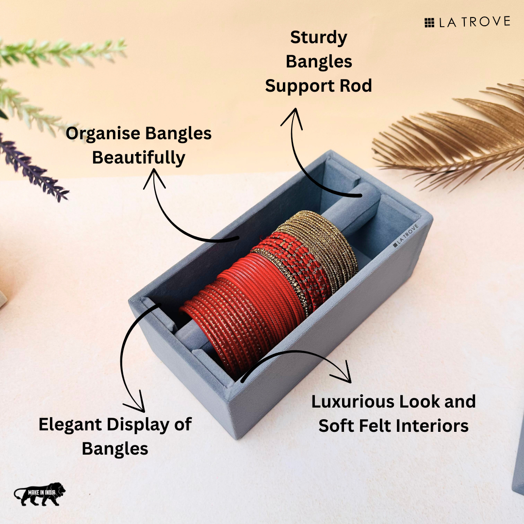 Grey velvet bangle single rod organiser tray with soft cushioned rod for jewelry.