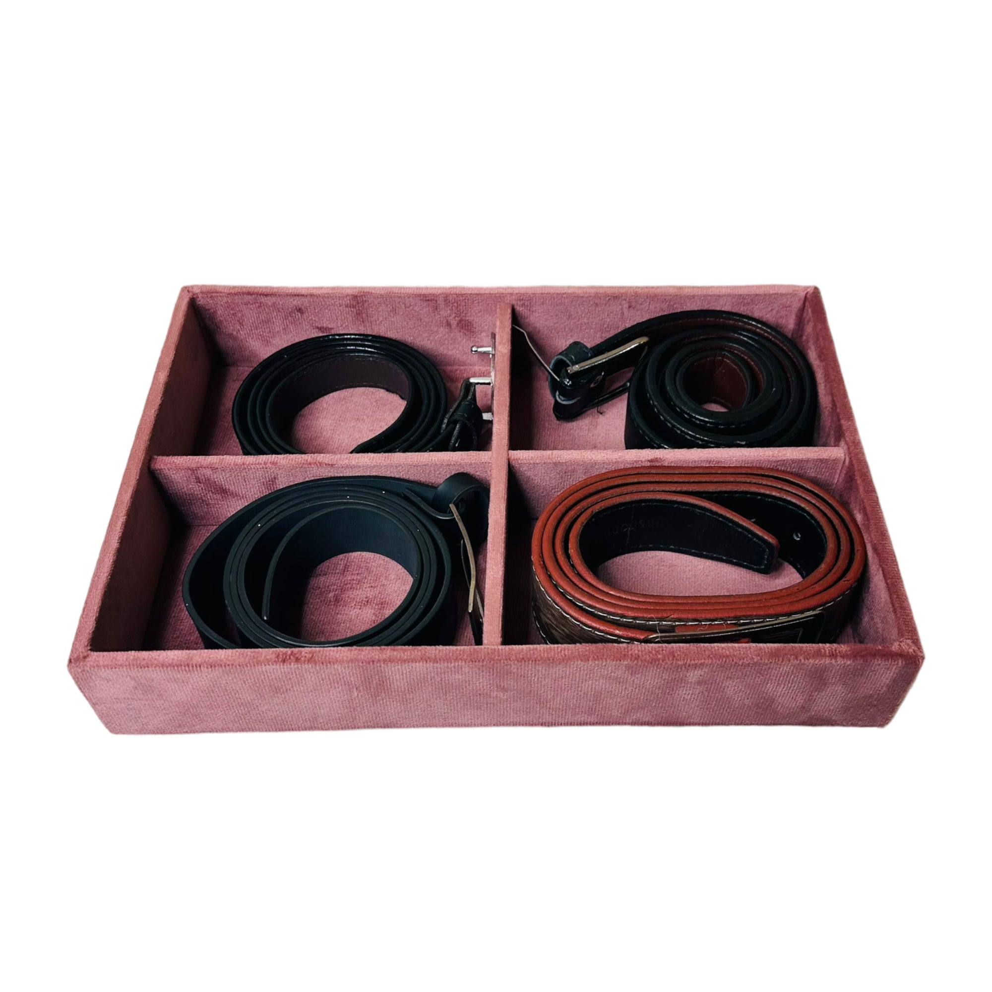Dark Pink velvet 4-slot belt tray – premium accessory organiser by Latrove.