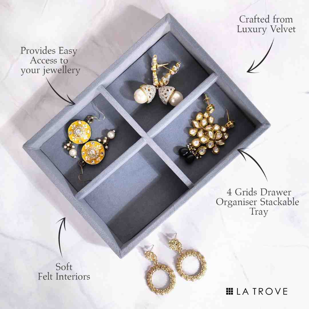 Grey velvet plain jewellery organiser tray with spacious design for everyday jewellery organisation – La Trove