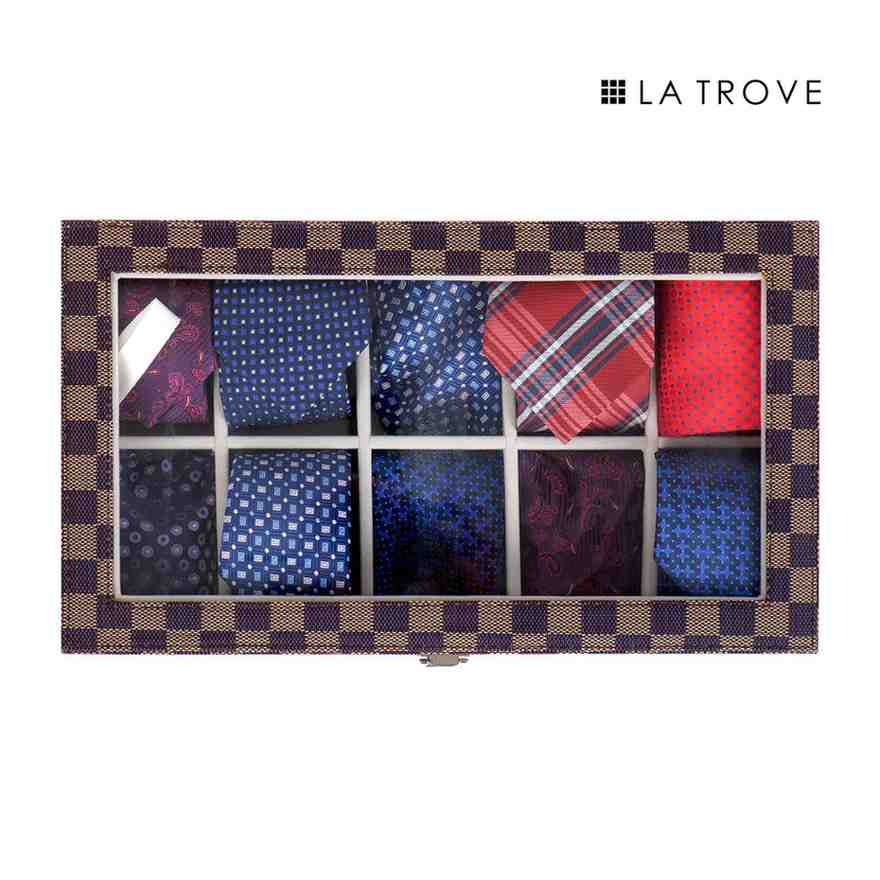 10 Slot Tie Pocket Square Box With Glass Top