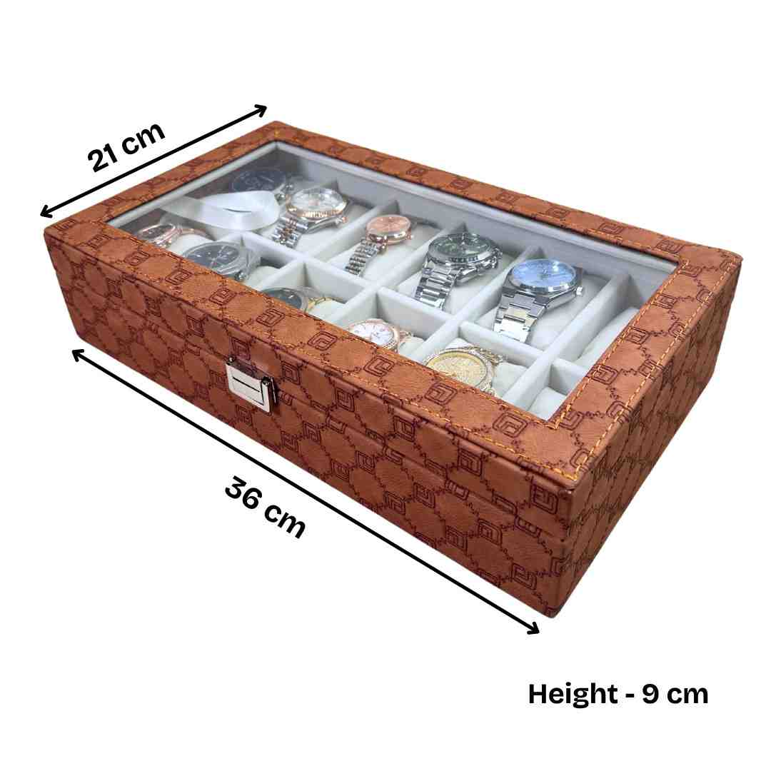Designer 12-Slot Watch Box with Glass Top
