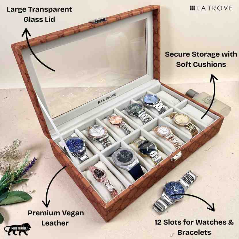 Designer 12-Slot Watch Box with Glass Top