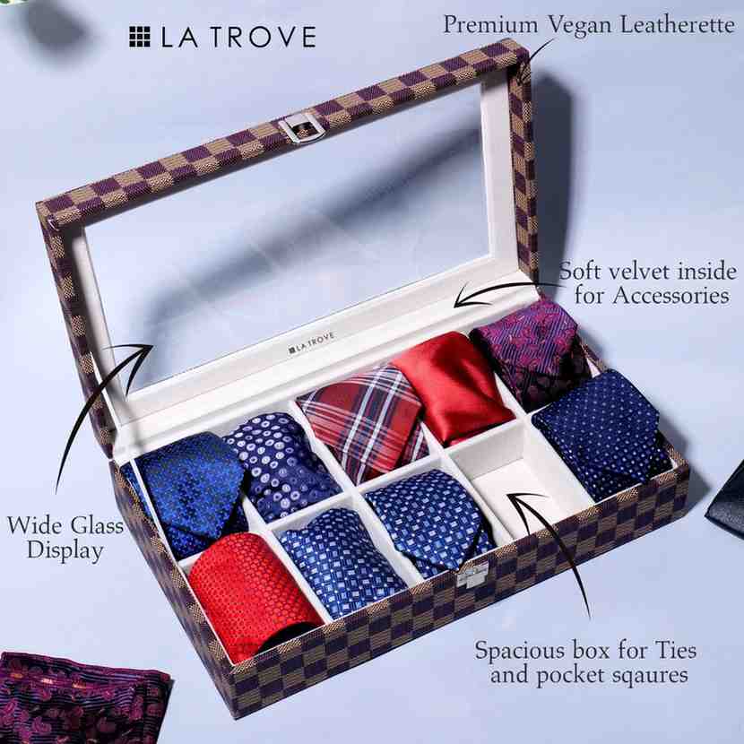 10 Slot Tie Pocket Square Box With Glass Top