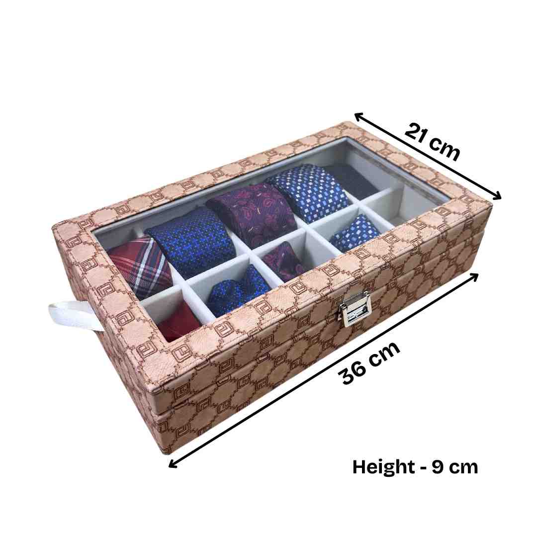 Designer 10 Slot Tie Pocket Square Box With Glass Top