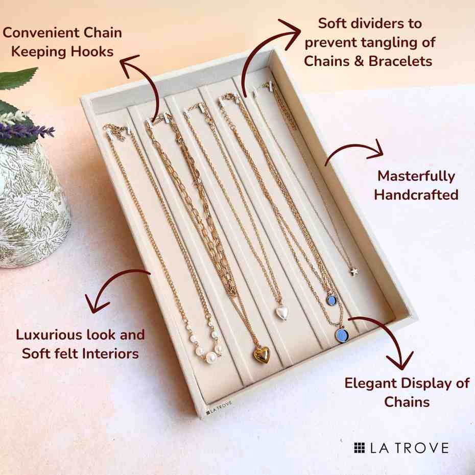 Features of La Trove Chain Necklace Jewellery Tray with dedicated slots for necklaces, chains and pendants