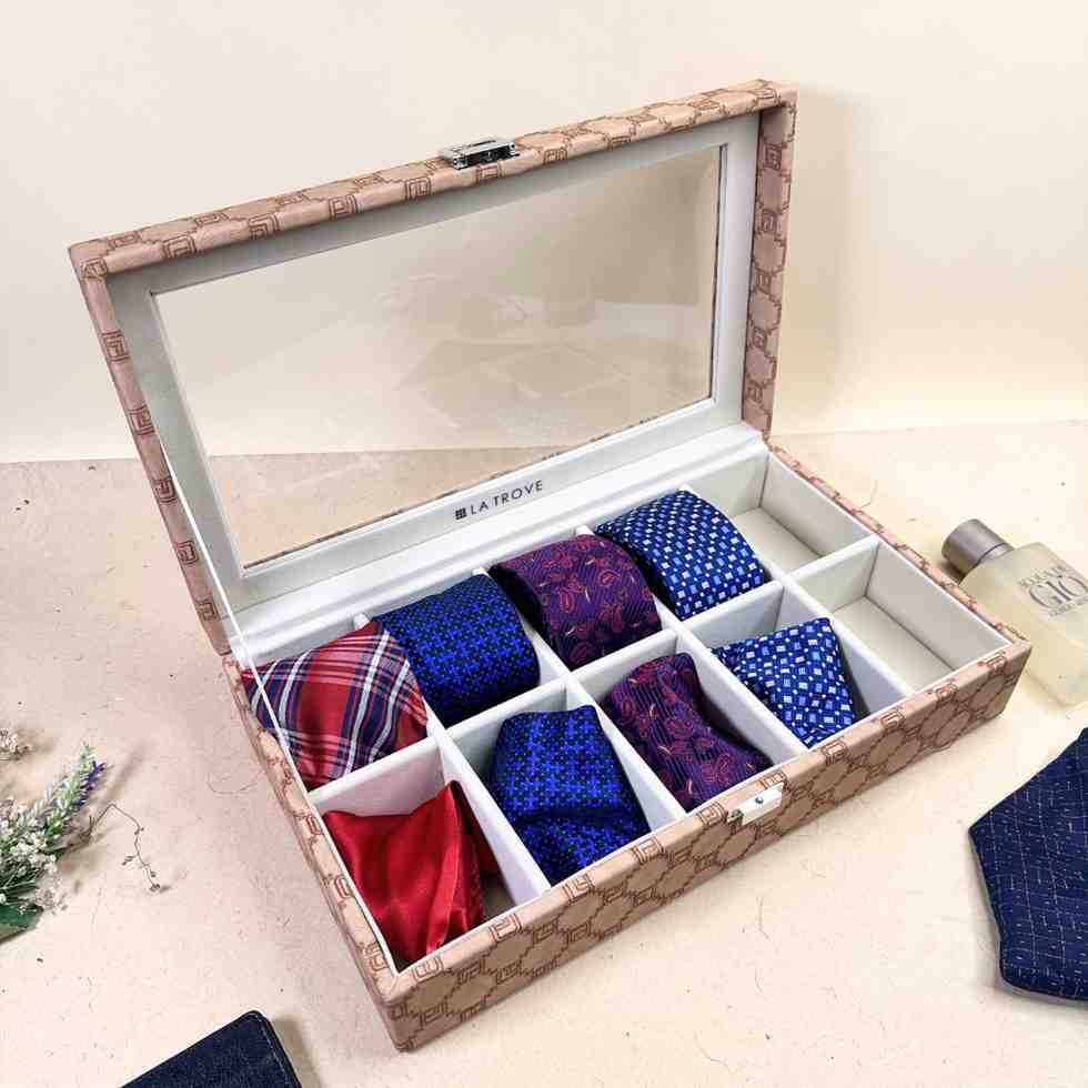Designer 10 Slot Tie Pocket Square Box With Glass Top