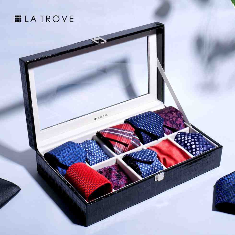 10 Slot Tie Pocket Square Box With Glass Top