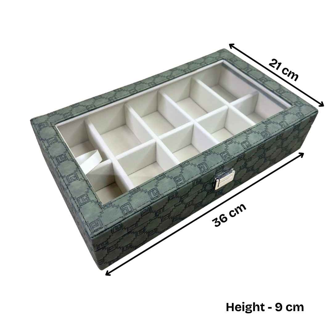 Designer 10 Slot Tie Pocket Square Box With Glass Top