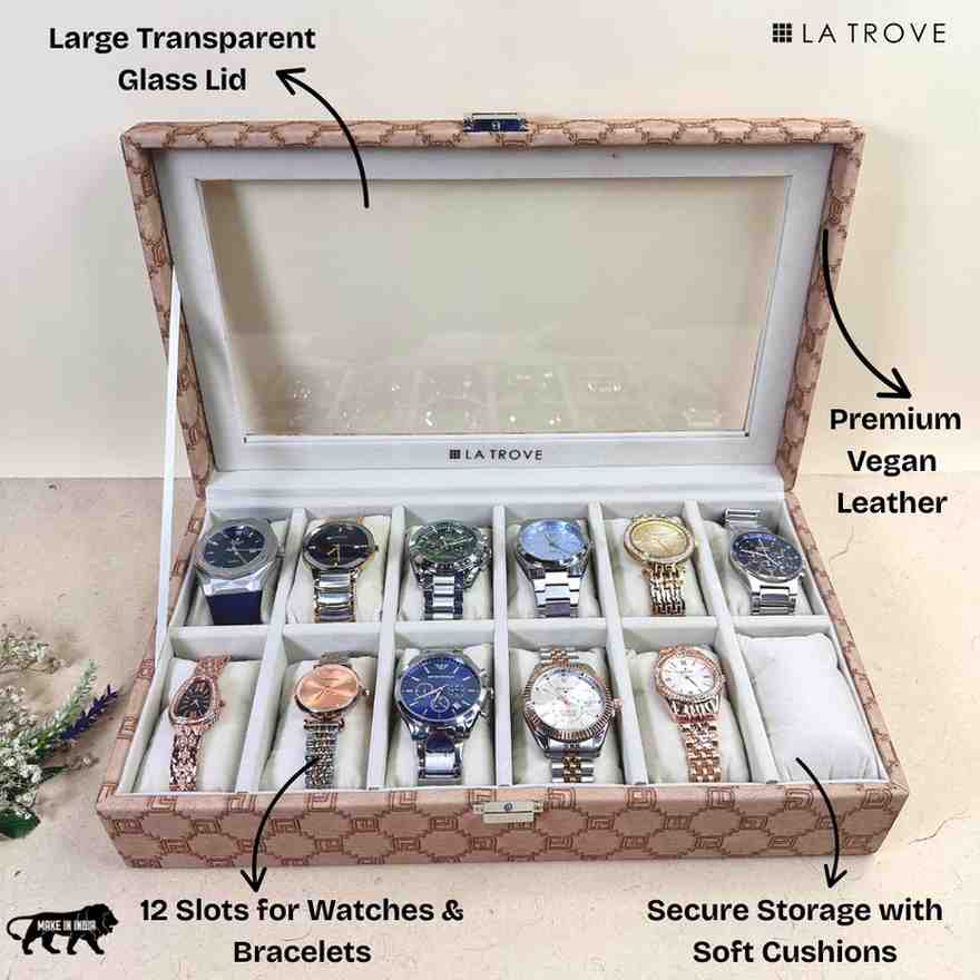 Designer 12-Slot Watch Box with Glass Top