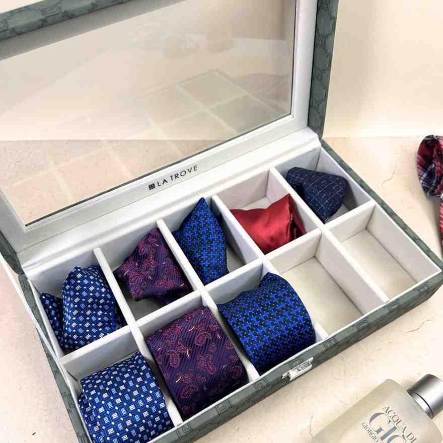 Designer 10 Slot Tie Pocket Square Box With Glass Top