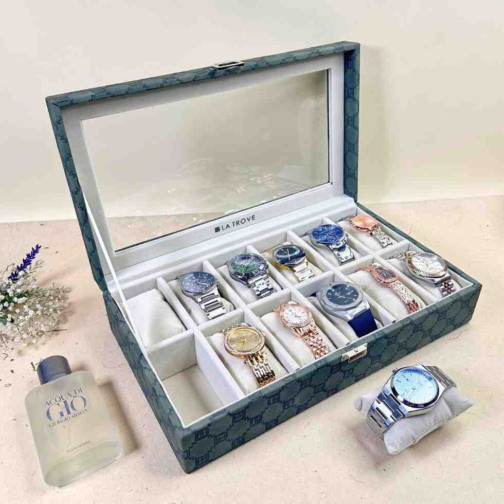 Designer 12-Slot Watch Box with Glass Top