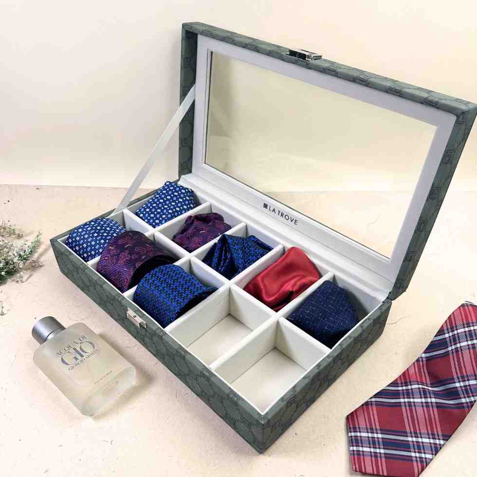 Designer 10 Slot Tie Pocket Square Box With Glass Top