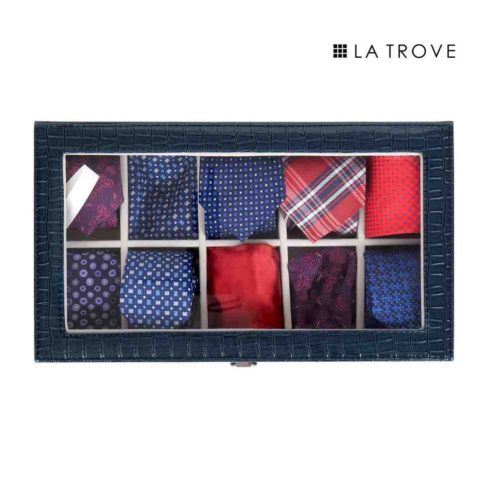 10 Slot Tie Pocket Square Box With Glass Top