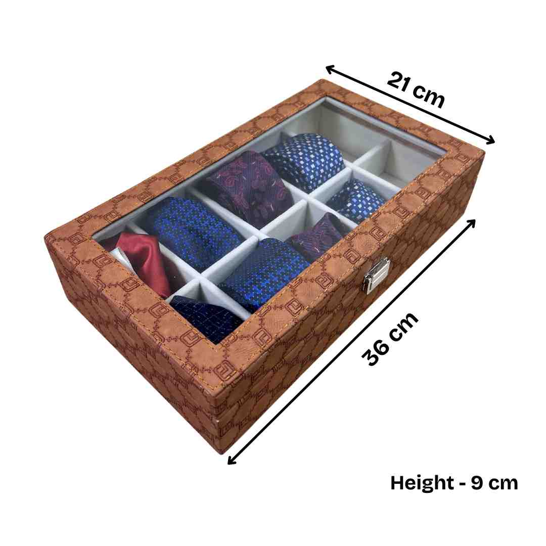 Designer 10 Slot Tie Pocket Square Box With Glass Top