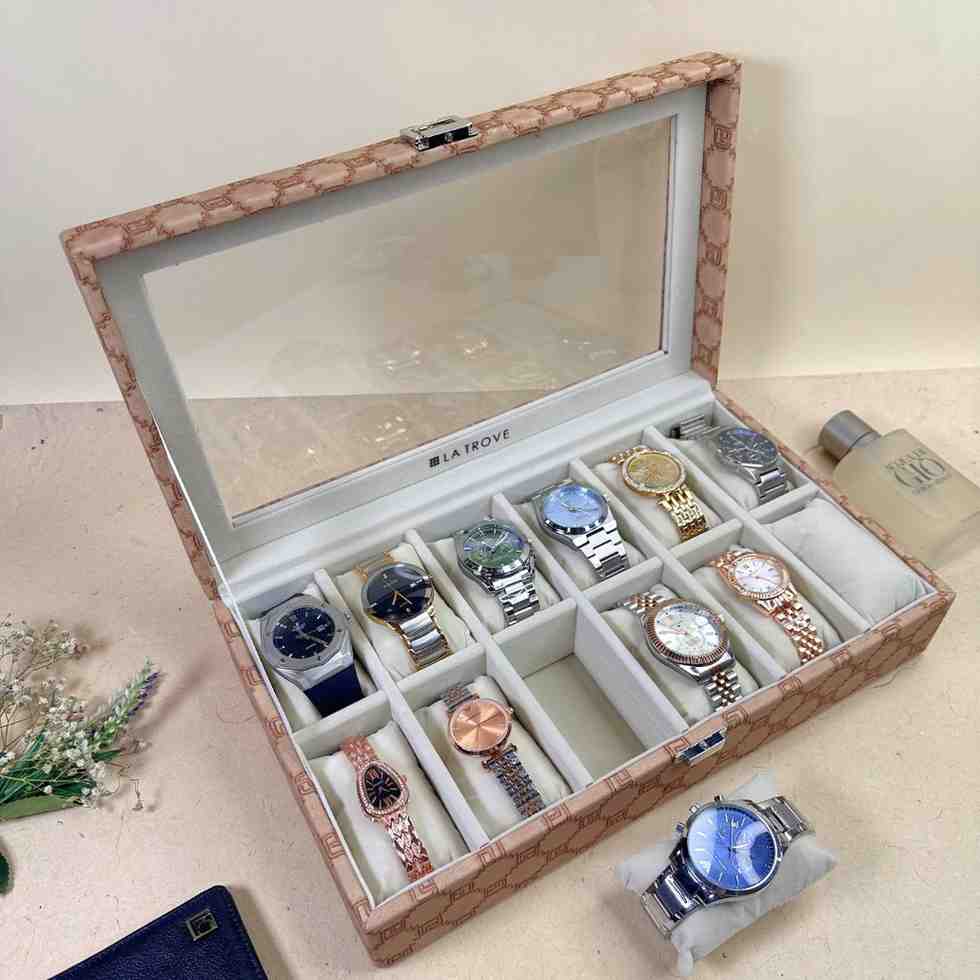 Designer 12-Slot Watch Box with Glass Top