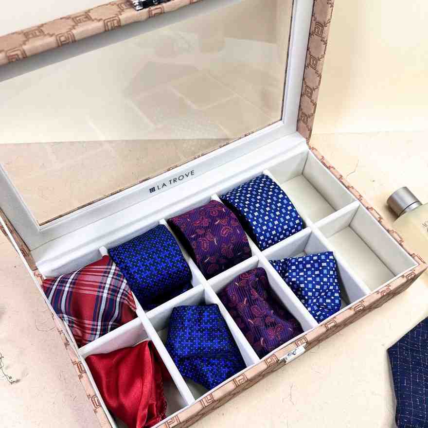 Designer 10 Slot Tie Pocket Square Box With Glass Top
