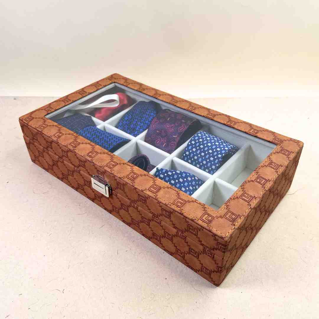 Designer 10 Slot Tie Pocket Square Box With Glass Top
