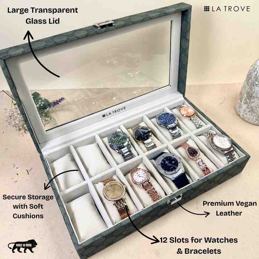 Designer 12-Slot Watch Box with Glass Top