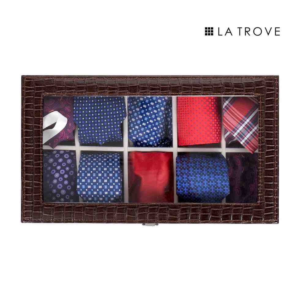 10 Slot Tie Pocket Square Box With Glass Top