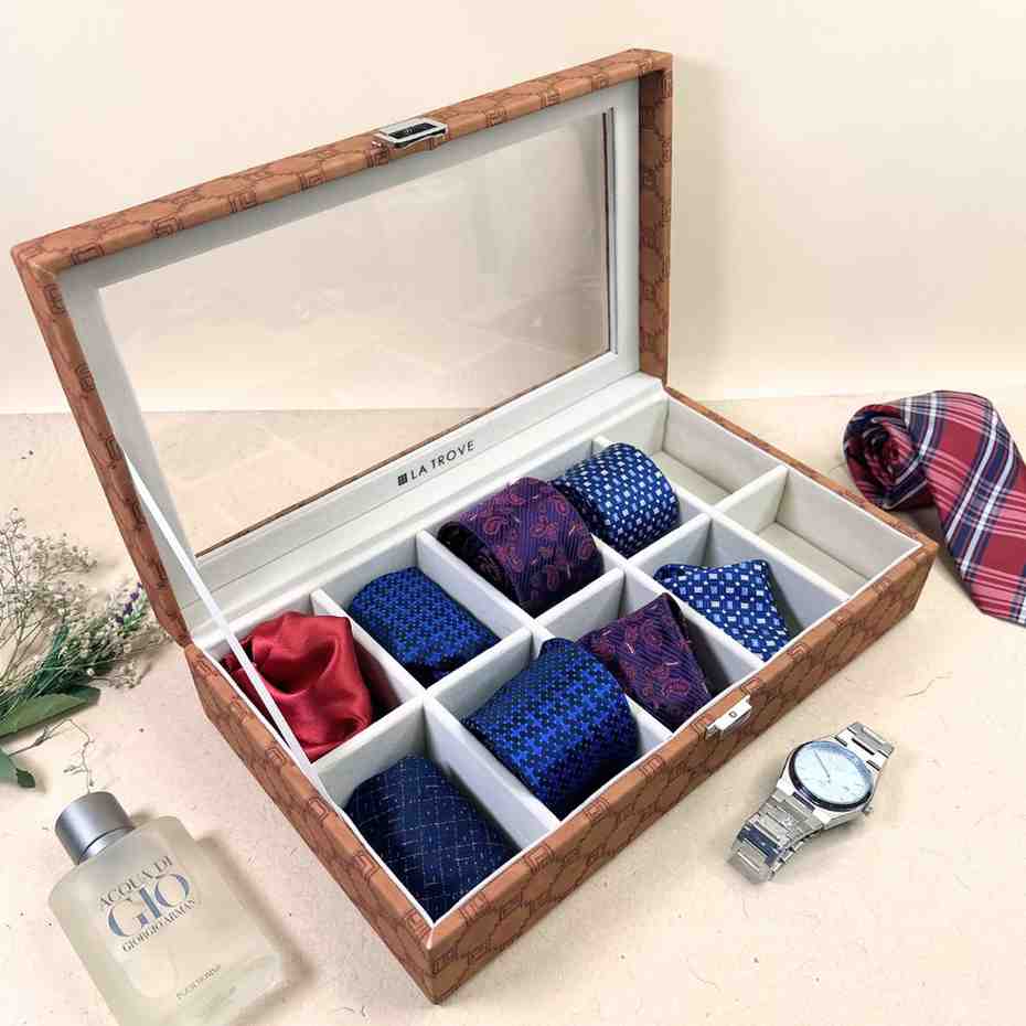 Designer 10 Slot Tie Pocket Square Box With Glass Top