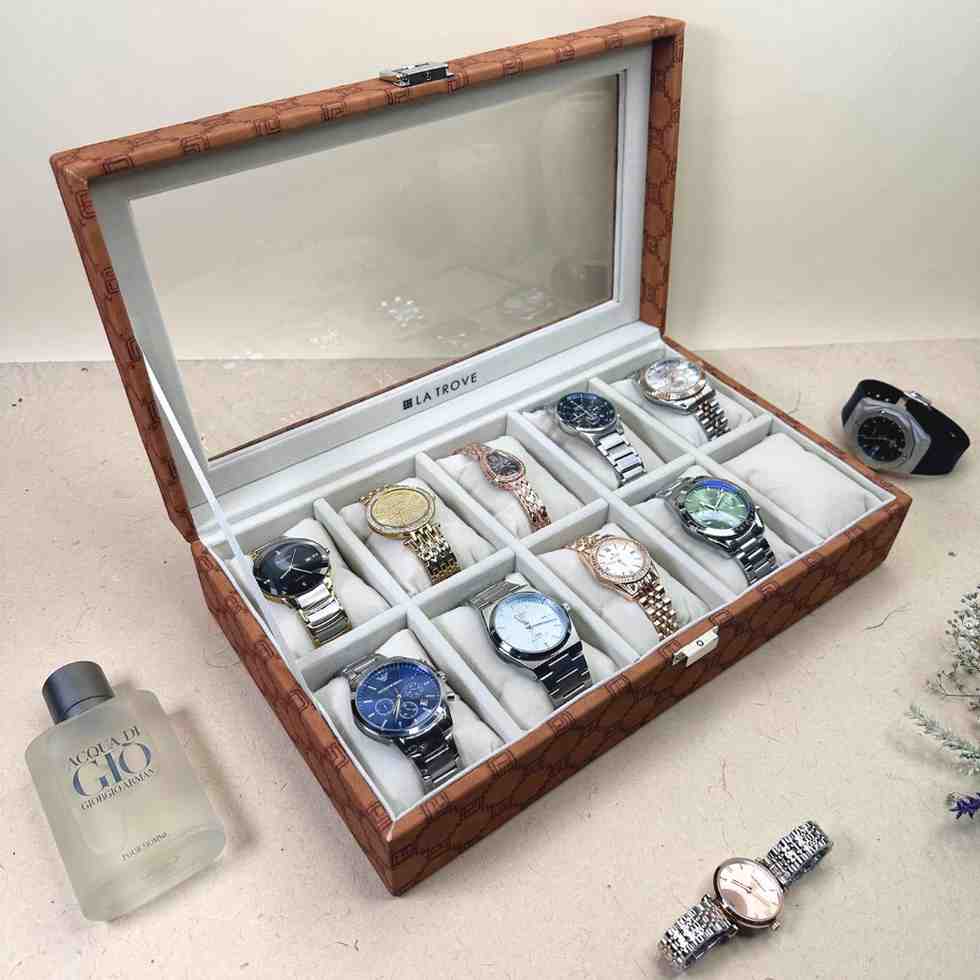 Designer 10 Slot Watch Box With Glass Top