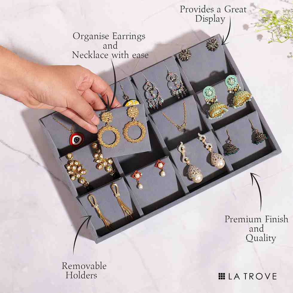 Grey velvet earring storage tray with dedicated compartments for jewellery organisation – La Trove