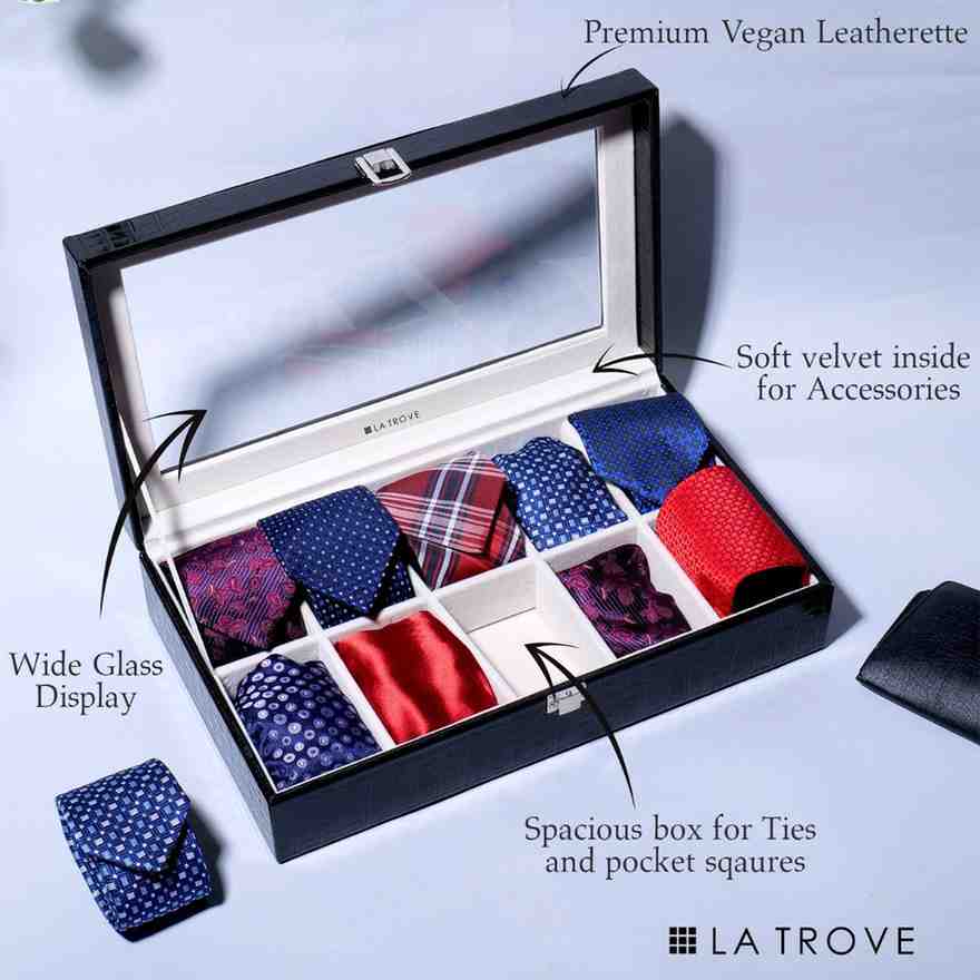 10 Slot Tie Pocket Square Box With Glass Top