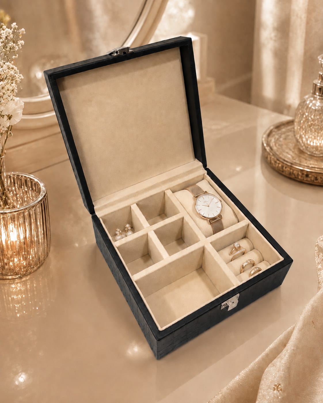 Velvet Jewellery & Watch Organizer Box Premium Leatherette Storage Box