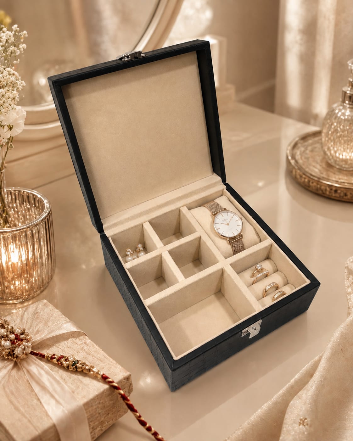 Velvet Jewellery & Watch Organizer Box Premium Leatherette Storage Box