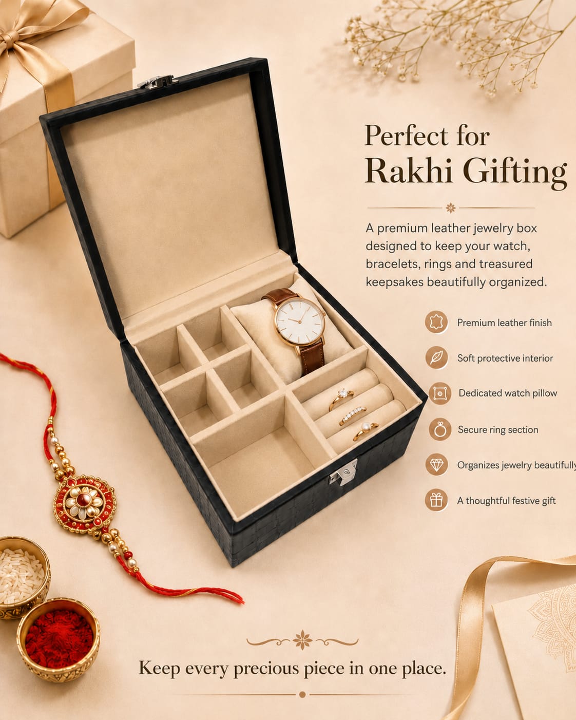 Velvet Jewellery & Watch Organizer Box Premium Leatherette Storage Box