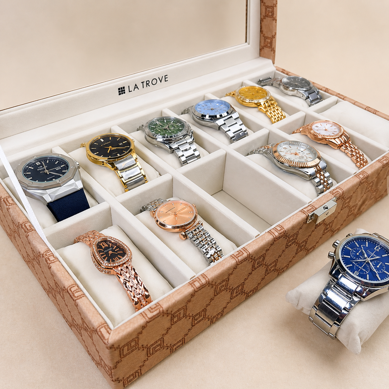 Designer 12-Slot Watch Box with Glass Top