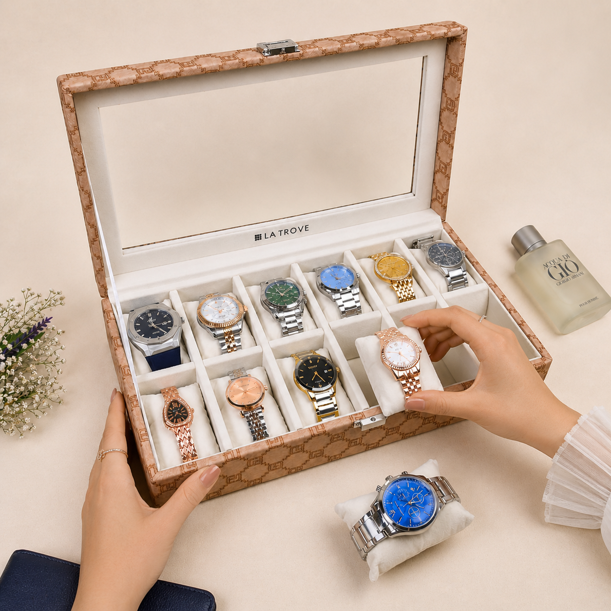 Designer 12-Slot Watch Box with Glass Top