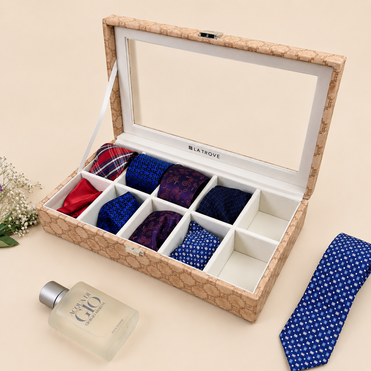 Designer 10 Slot Tie Pocket Square Box With Glass Top
