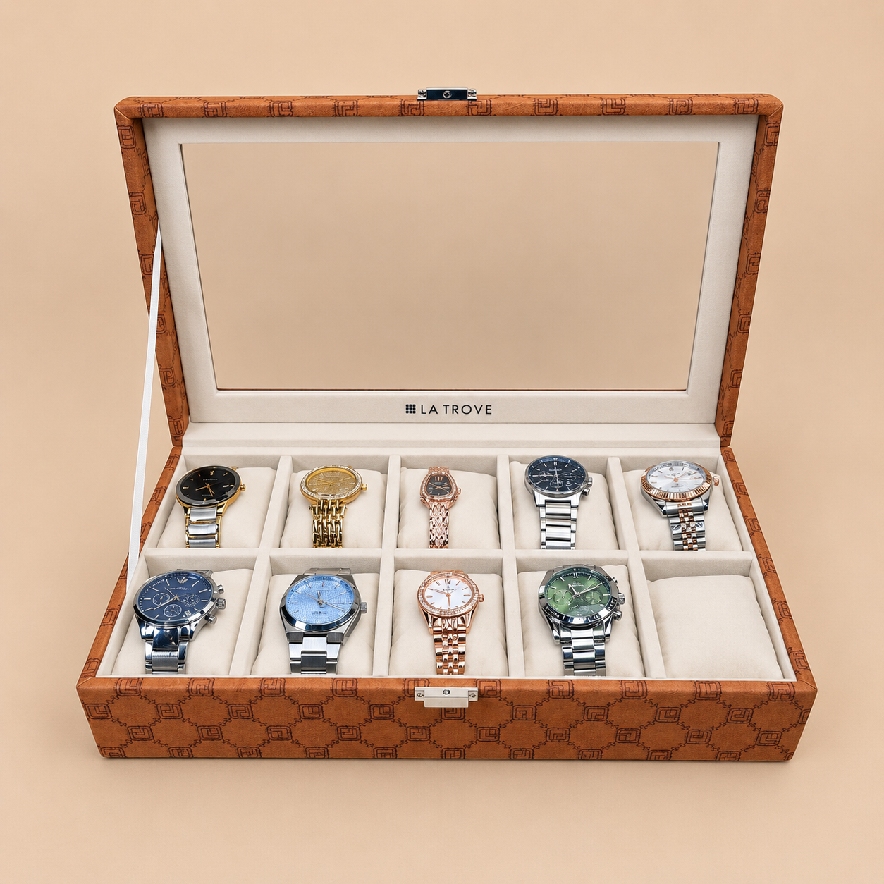 Designer 10 Slot Watch Box With Glass Top