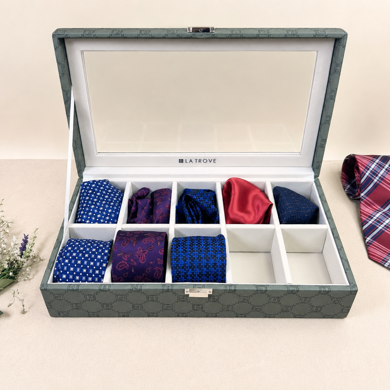 Designer 10 Slot Tie Pocket Square Box With Glass Top